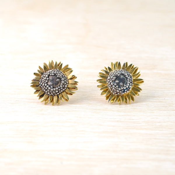 Handmade Silver and Gold Plated Sunflower Stud Earrings by Sheena McMaster.