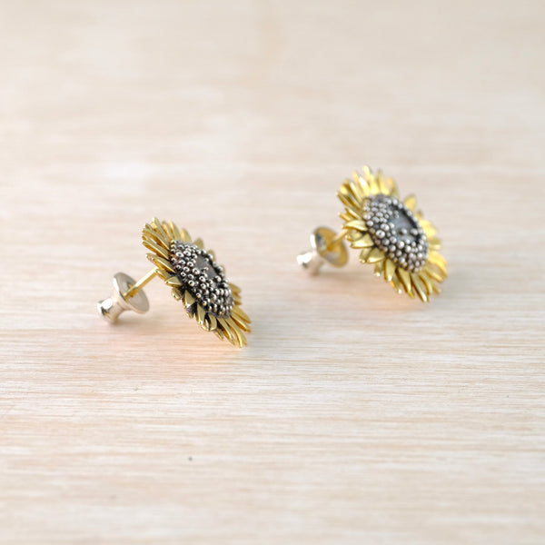 Handmade Silver and Gold Plated Sunflower Stud Earrings by Sheena McMaster.