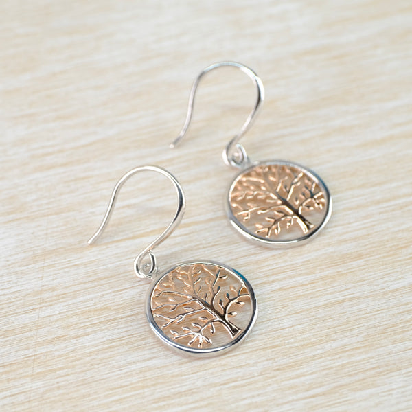 Silver Tree of Life Drop Earrings with Rose Gold Plating.