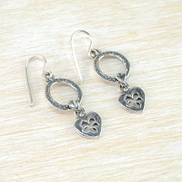 Handmade Silver Heart Drop Earrings.