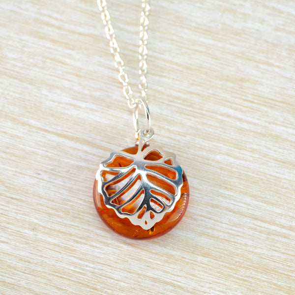 Round Amber and Silver Leaf Pendant.