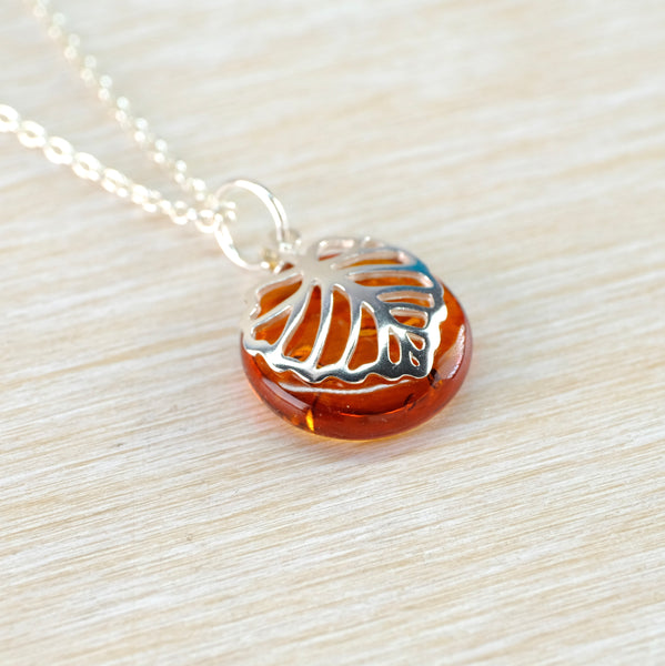 Round Amber and Silver Leaf Pendant.