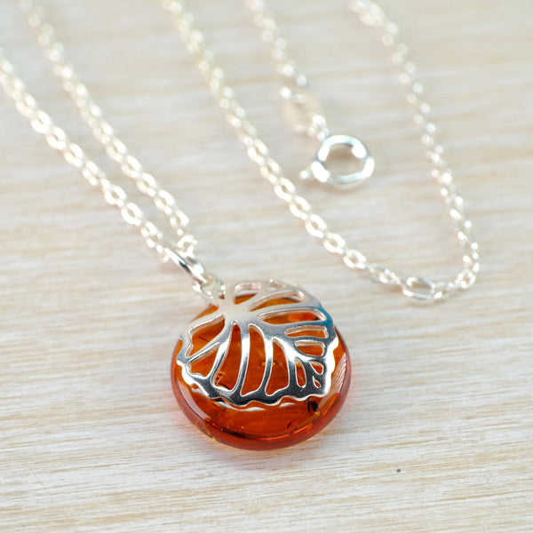 Round Amber and Silver Leaf Pendant.