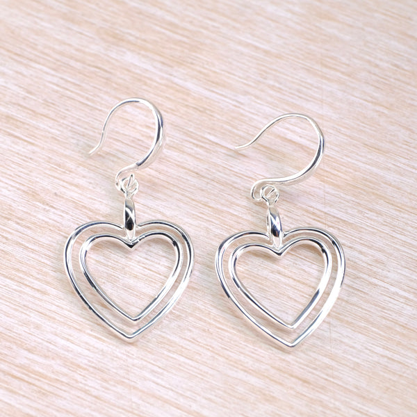 Sterling Silver Heart Within a Heart Drop Earrings.