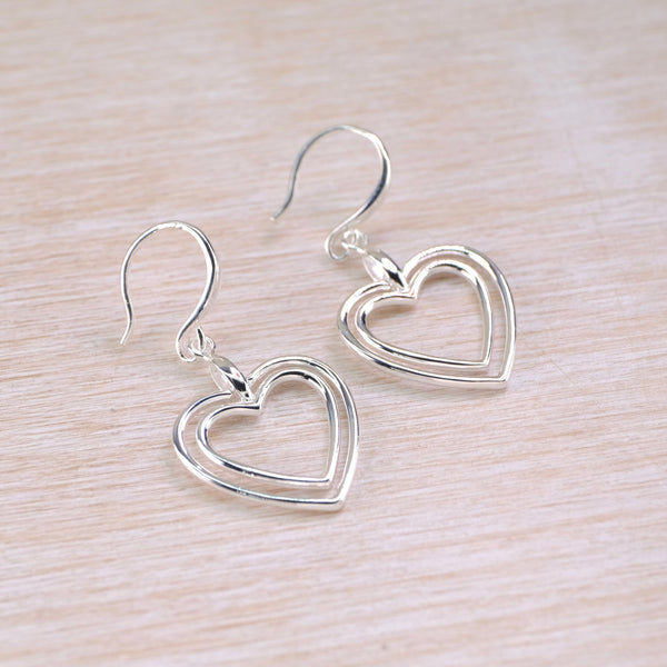 Sterling Silver Heart Within a Heart Drop Earrings.