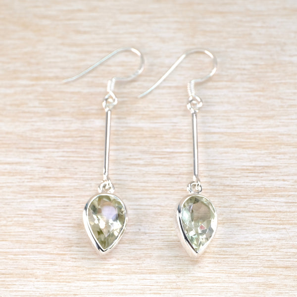 Long Stemmed Sterling Silver and Green Amethyst Drop Earrings.