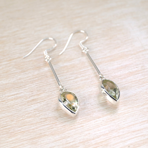 Long Stemmed Sterling Silver and Green Amethyst Drop Earrings.