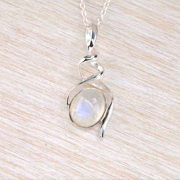 Silver Spiral and Rainbow Moonstone Pendant.