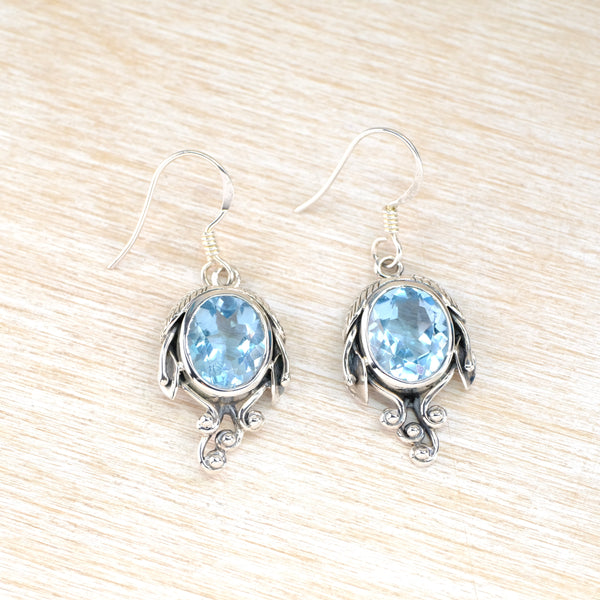 Art Nouveau Style Silver and Blue Topaz Drop Earrings.