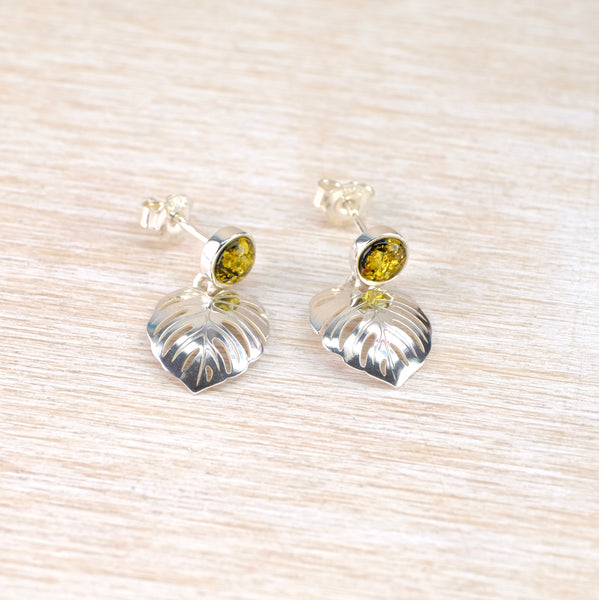 Green Amber and Silver 'Leaf' Earrings.