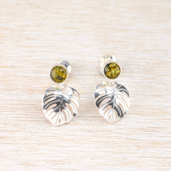 Green Amber and Silver 'Leaf' Earrings.
