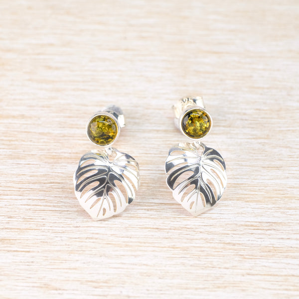 Green Amber and Silver 'Leaf' Earrings.