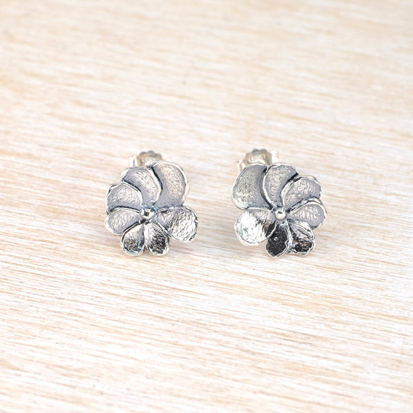 Flower Stud Earrings in Oxidised Silver.