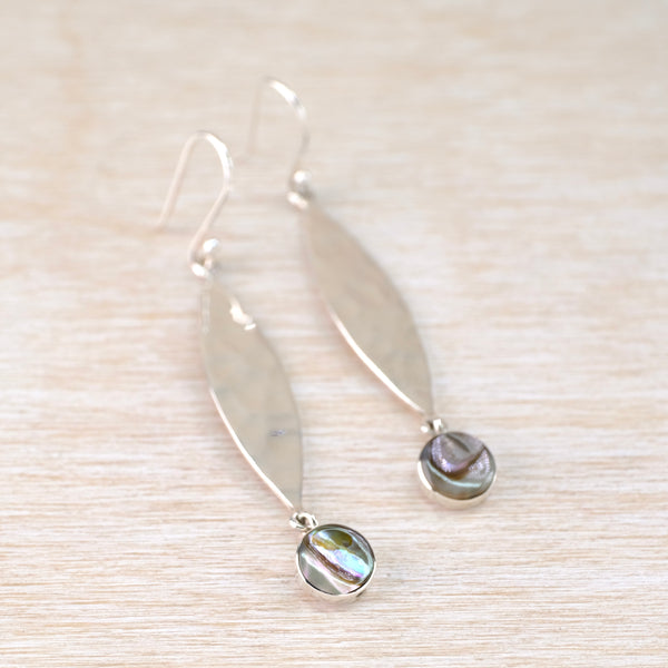 Long Hammered Silver and Abalone Dangle Drop Earrings.