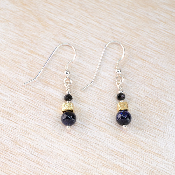 Silver, Blue Goldstone and Gold Plated Bead Earrings.