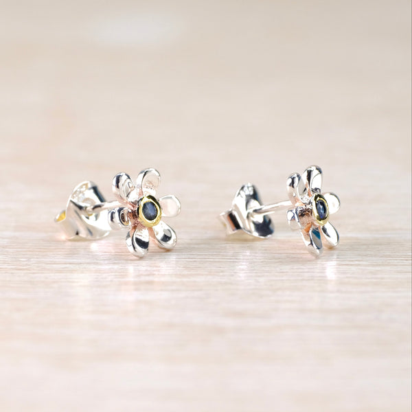 Silver and Gold Plated Sapphire Flower Stud Earrings.