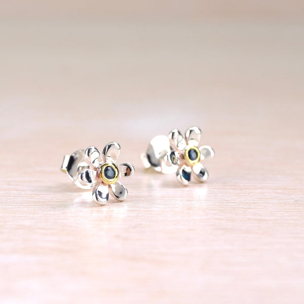Silver and Gold Plated Sapphire Flower Stud Earrings.