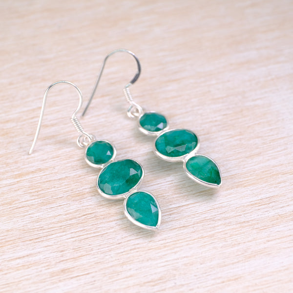 Silver and Emerald Quartz Triple Drop Earrings.
