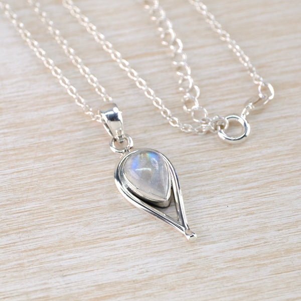 Silver and Rainbow Moonstone Tear Drop Pendant.