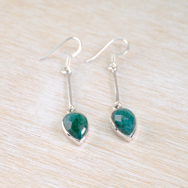 Long Sterling Silver and Emerald Quartz Earrings.