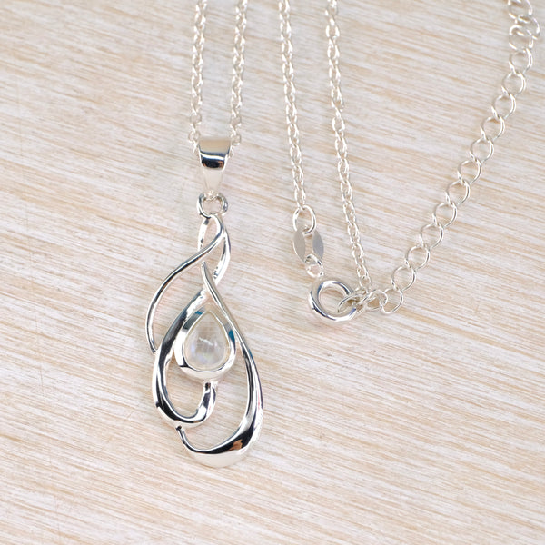 Delicate Silver Twist and Rainbow Moonstone Pendant.