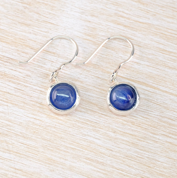 Round Silver and Kyanite Drop Earrings.