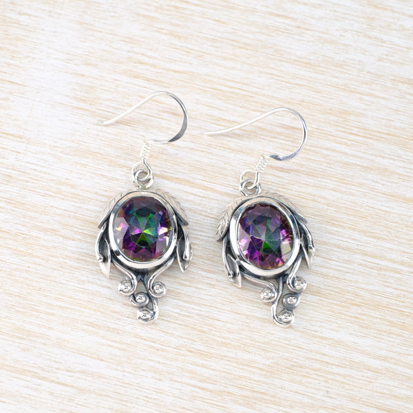 Silver and Faceted Mystic Topaz Art Nouveau Style Drop Earrings.