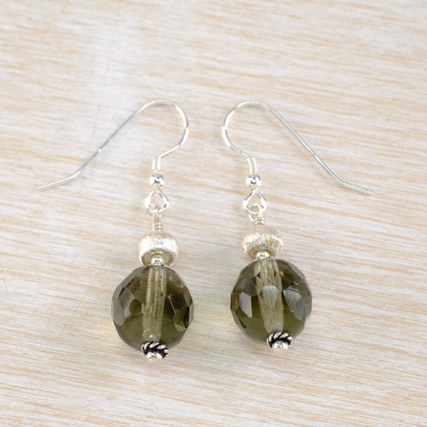 Silver and Vintage Olive Glass Bead Drop Earrings.