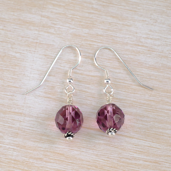 Silver and Vintage Lilac Glass Bead Drop Earrings.