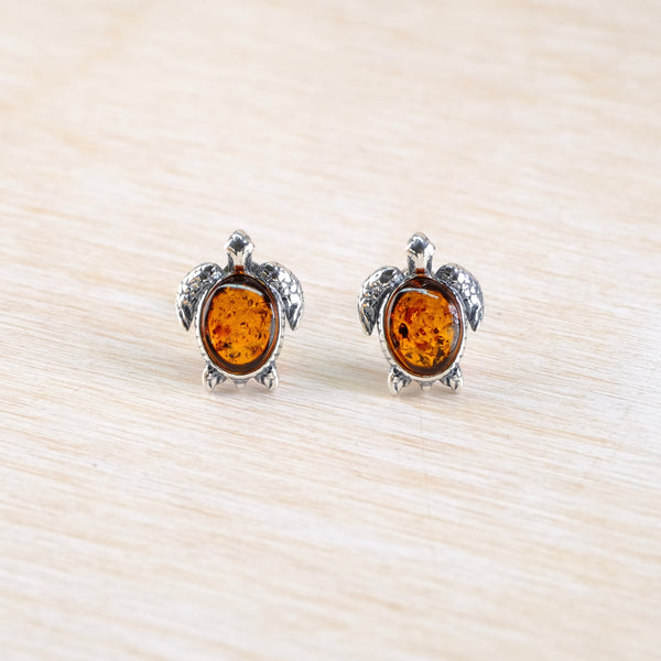 Silver and Amber Turtle Stud Earrings.