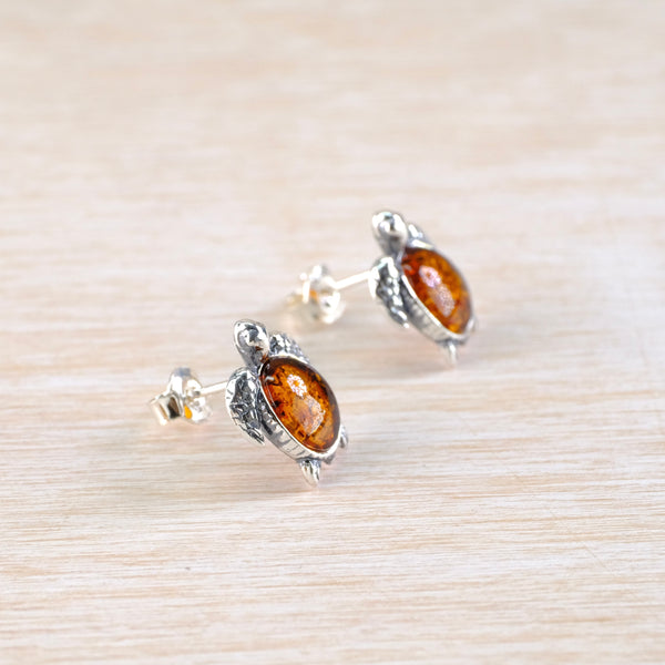 Silver and Amber Turtle Stud Earrings.