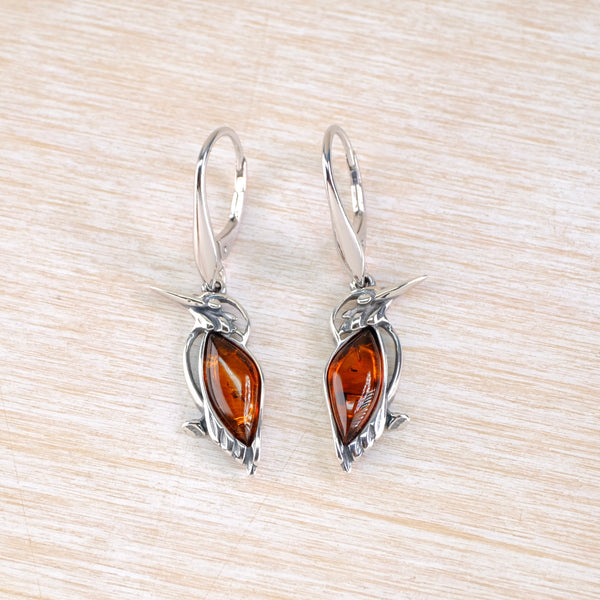 Sterling Silver  Kingfisher Earrings Set with Amber.