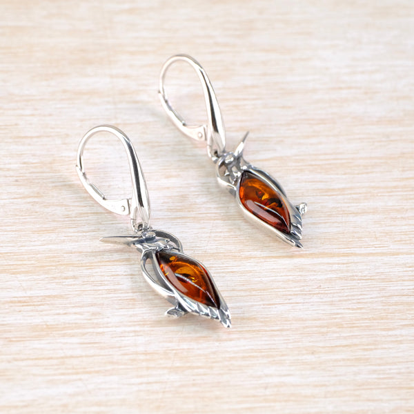 Sterling Silver  Kingfisher Earrings Set with Amber.