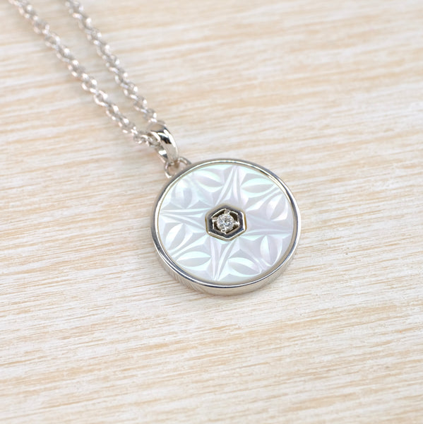 Silver, Cz and Carved Mother of Pearl Pendant.
