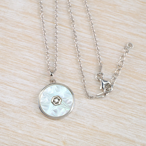 Silver, Cz and Carved Mother of Pearl Pendant.