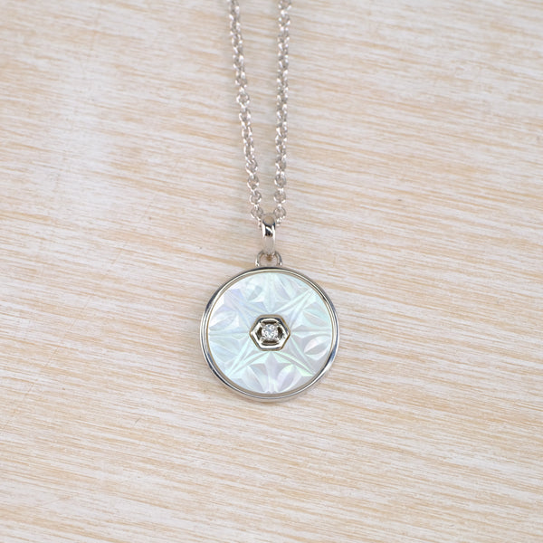 Silver, Cz and Carved Mother of Pearl Pendant.