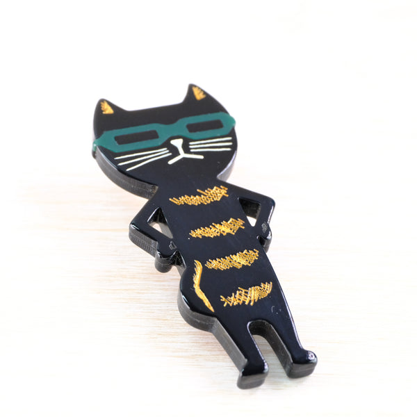 Striped Black Resin Cat Brooch.
