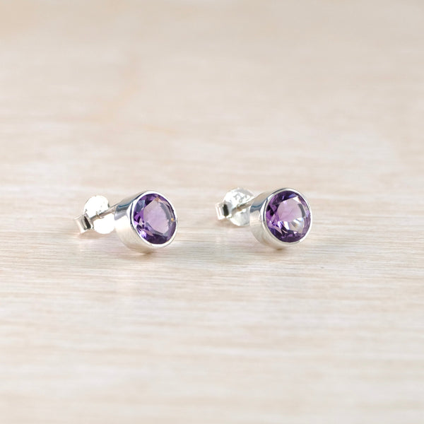Sterling Silver and Amethyst Round Stud Earrings.