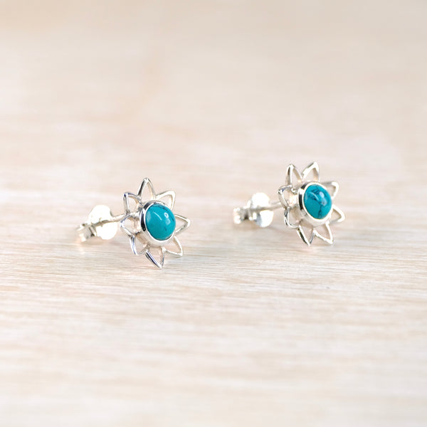 Turquoise and Sterling Silver Flower Stud Earrings.