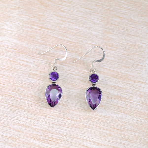 Sterling Silver and Two Stoned Amethyst Drop Earrings.