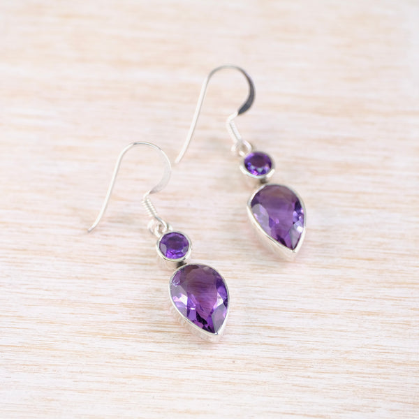 Sterling Silver and Two Stoned Amethyst Drop Earrings.