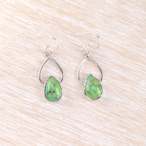 Silver and Green Mojave Turquoise Drop Earrings.