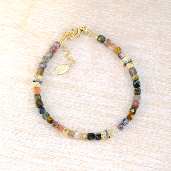Tourmaline Beaded Bracelet with Silver and Gold Plated Elements.