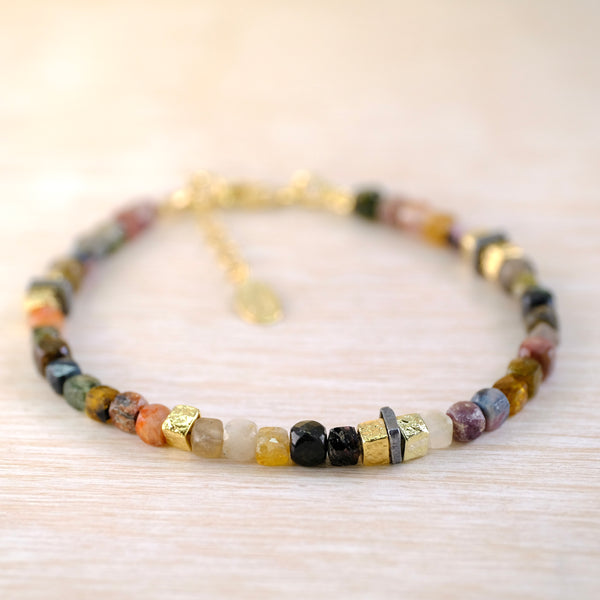 Tourmaline Beaded Bracelet with Silver and Gold Plated Elements.