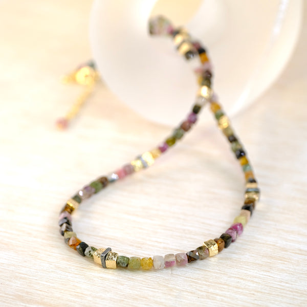 Tourmaline Beaded Necklace with Silver and Gold Plated Elements.