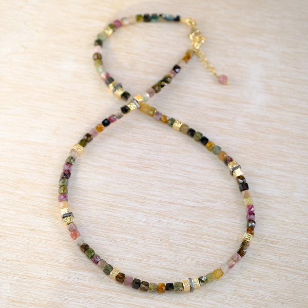 Tourmaline Beaded Necklace with Silver and Gold Plated Elements.