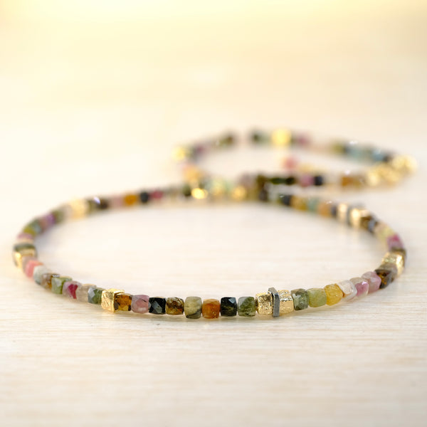 Tourmaline Beaded Necklace with Silver and Gold Plated Elements.