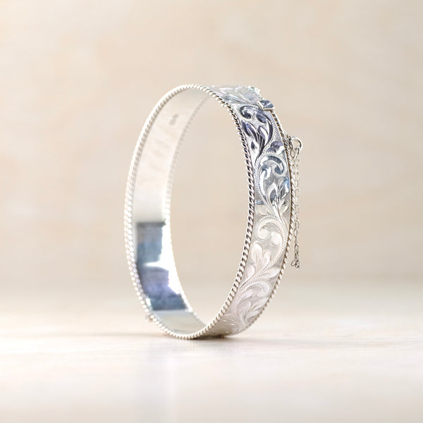 Vintage Engraved Silver Bangle Bracelet, Hallmarked in Birmingham 1982