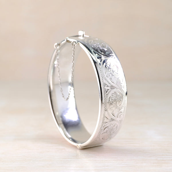 Vintage Engraved Sterling Silver Bangle Bracelet, Hallmarked Birmingham 1965.