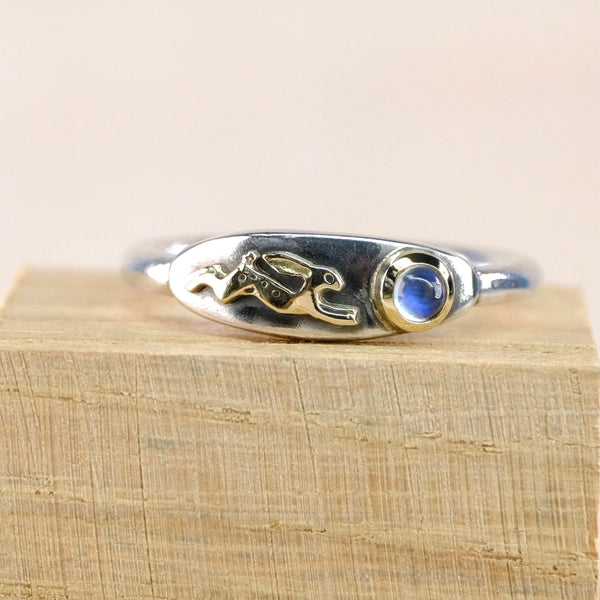Silver and Gold 'Magical Hare' Ring With Moonstone by Nick Hubbard Jewellery.